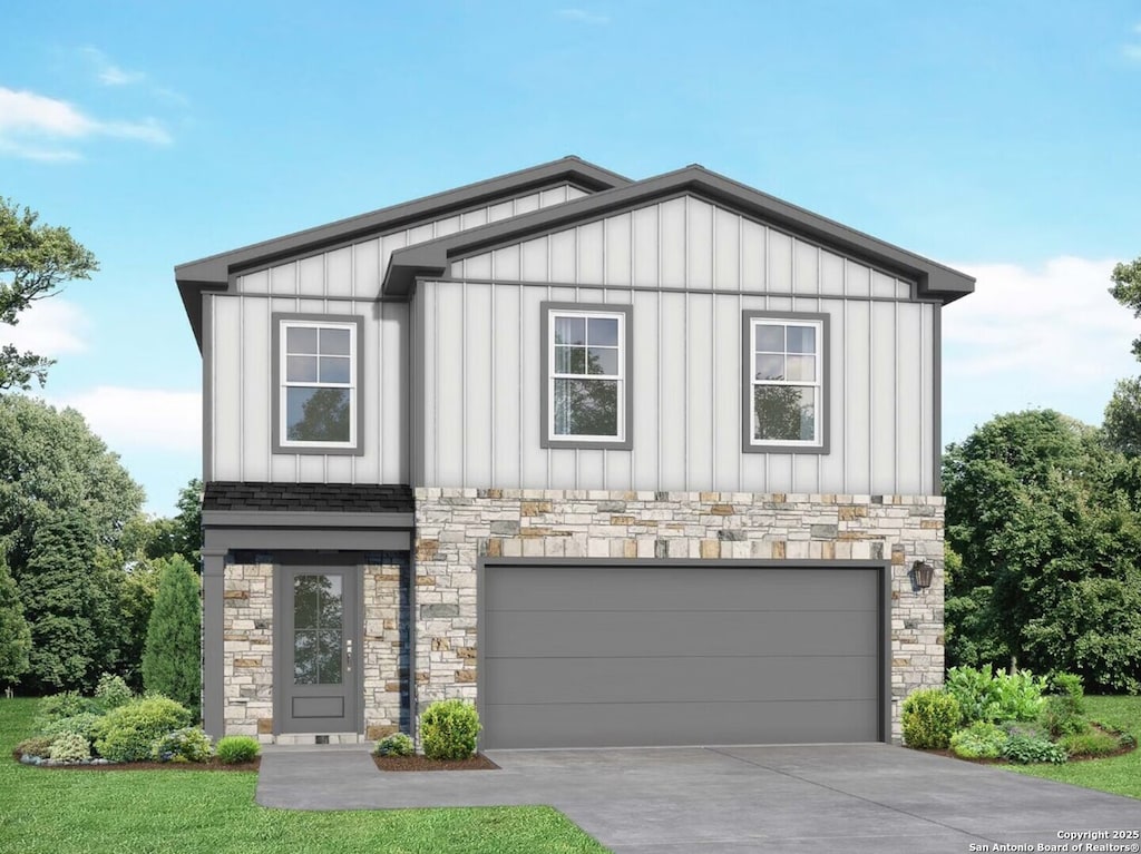view of front of home with driveway, stone siding, an attached garage, and board and batten siding