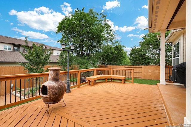 wooden deck with a fenced backyard