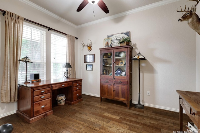 office space with crown molding, baseboards, a ceiling fan, and dark wood-type flooring