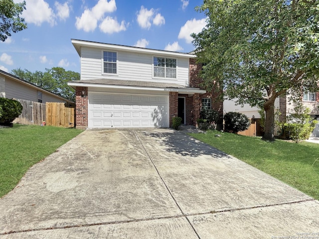 1754 Barking Wolf, San Antonio, TX 78245 - traditional home with concrete driveway, a front yard, fence, brick siding, and a garage