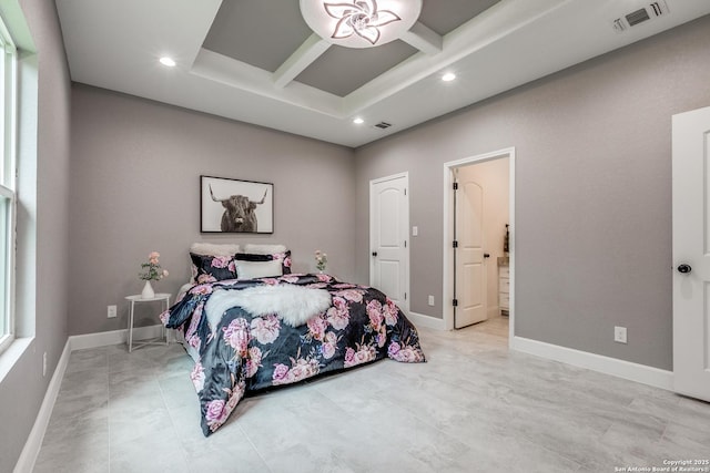 bedroom featuring recessed lighting, ensuite bathroom, visible vents, and baseboards