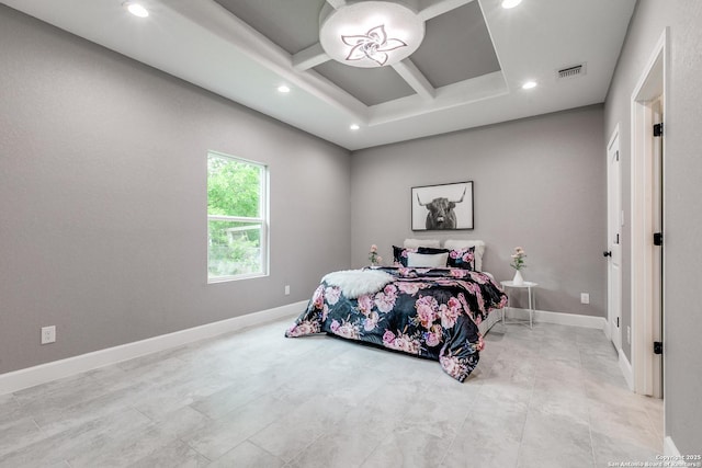 bedroom featuring visible vents, recessed lighting, coffered ceiling, and baseboards