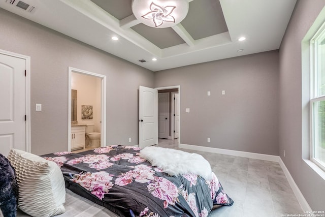 bedroom with recessed lighting, ensuite bath, coffered ceiling, beam ceiling, and visible vents
