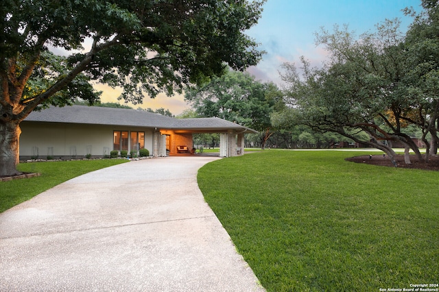 single story home featuring a carport, driveway, and a front yard