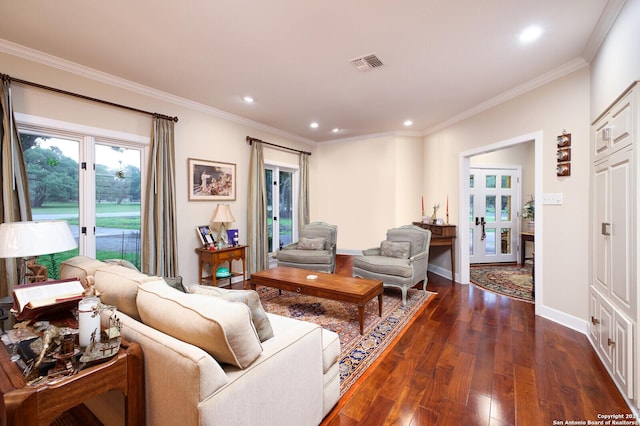 living area with visible vents, crown molding, baseboards, recessed lighting, and dark wood-type flooring