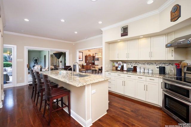 kitchen with crown molding, light stone countertops, a sink, double oven range, and dark wood-style floors