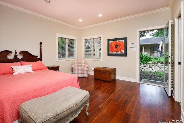 bedroom with access to outside, ornamental molding, dark wood-style flooring, and recessed lighting