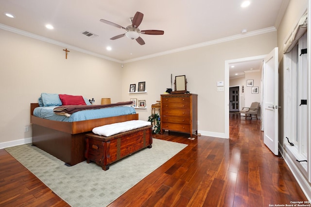 bedroom featuring ornamental molding, dark wood-type flooring, recessed lighting, and visible vents