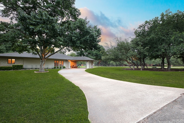 view of community featuring a lawn and concrete driveway