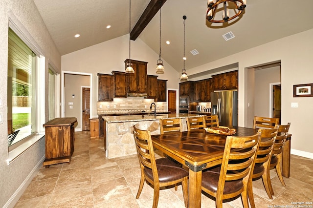 dining area featuring visible vents, recessed lighting, baseboards, and beam ceiling