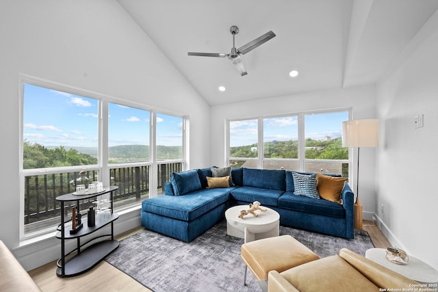 1050 Trail Pass Dr, Canyon Lake, TX 78133 - living area with recessed lighting, high vaulted ceiling, ceiling fan, and light wood-style flooring