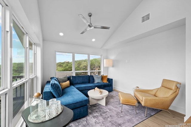 1050 Trail Pass Dr, Canyon Lake, TX 78133 - living area featuring ceiling fan, visible vents, wood finished floors, baseboards, and recessed lighting