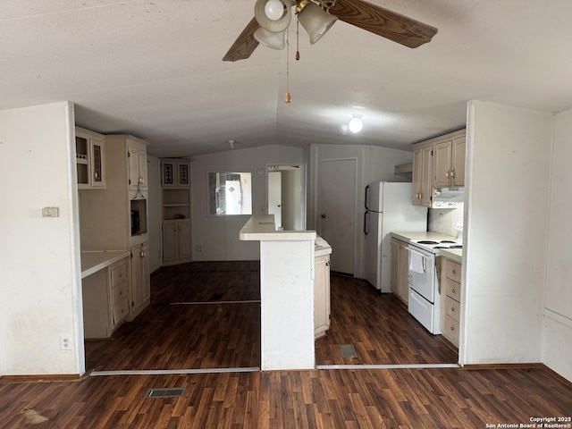kitchen featuring ceiling fan, vaulted ceiling, dark wood finished floors, light countertops, and white electric range oven