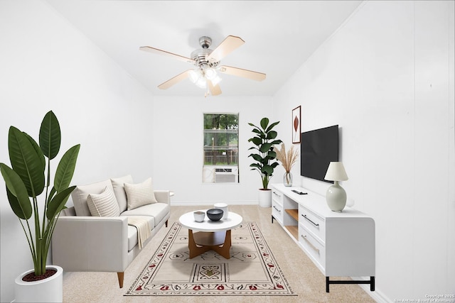 living room with baseboards, ceiling fan, cooling unit, and light carpet