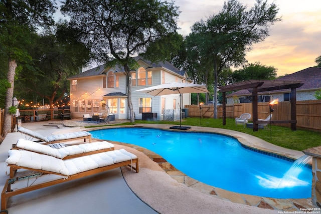 view of pool featuring a fenced in pool, a fenced backyard, a pergola, and a patio