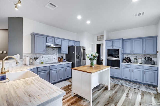 kitchen with a sink, wood counters, stainless steel appliances, under cabinet range hood, and visible vents