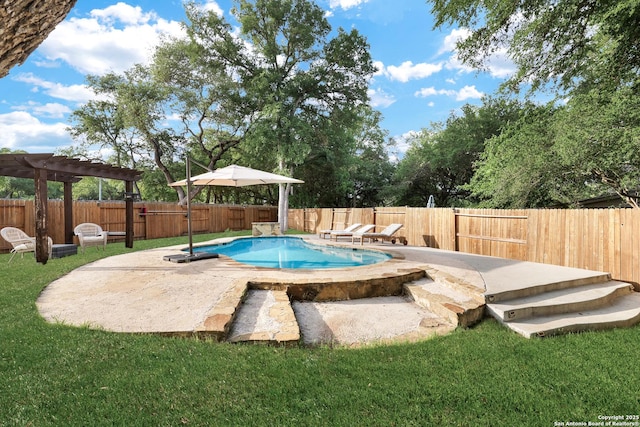 view of swimming pool with a patio, a fenced in pool, a fenced backyard, and a pergola