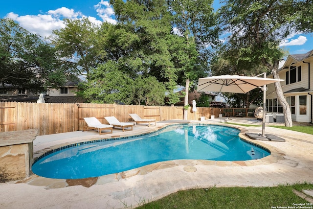 view of pool with a patio, a fenced in pool, and a fenced backyard