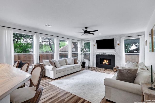 living room featuring visible vents, ceiling fan, wood finished floors, and a fireplace