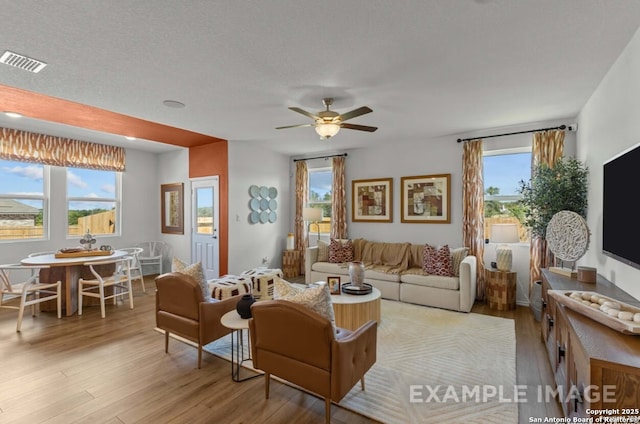 living area featuring a ceiling fan, light wood-style flooring, and visible vents