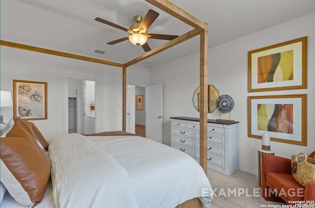 bedroom with ceiling fan, light colored carpet, and visible vents