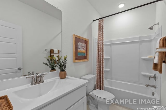 full bath with toilet, shower / bath combo, and vanity