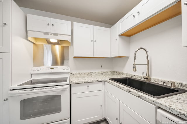 kitchen with white cabinets, a sink, white range with electric cooktop, under cabinet range hood, and dishwashing machine