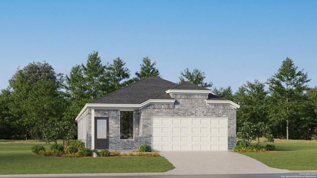 506 Kayden Ct, Marion, TX 78124 - view of front facade featuring concrete driveway, stone siding, a front yard, and a garage