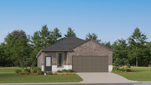 view of front of house with brick siding, a garage, a front lawn, and driveway