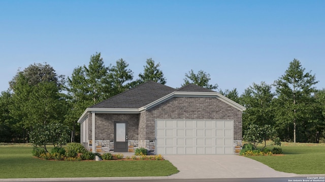 view of front facade featuring a front yard, driveway, stone siding, and a garage
