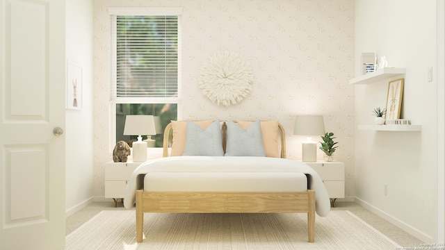 bedroom featuring baseboards, wallpapered walls, and carpet