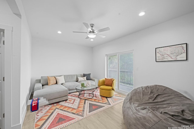 1880 Trail Pass Dr, Canyon Lake, TX 78133 - living room featuring recessed lighting, ceiling fan, and wood finished floors