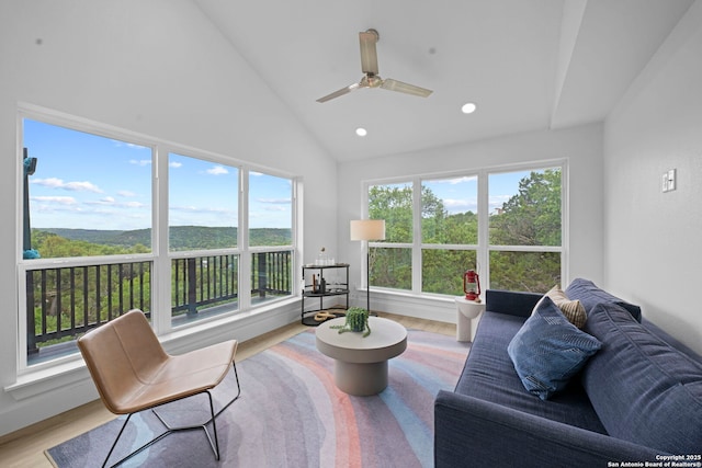 1880 Trail Pass Dr, Canyon Lake, TX 78133 - living room with high vaulted ceiling, ceiling fan, recessed lighting, and wood finished floors