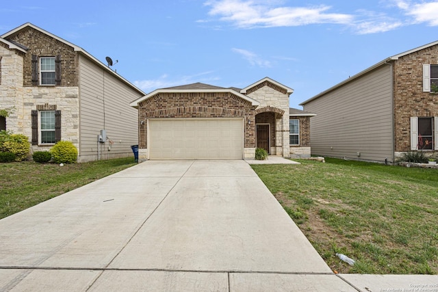 view of front of home featuring an attached garage, driveway, a front lawn, and brick siding
