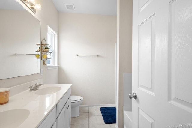 full bathroom featuring a sink, tile patterned flooring, double vanity, toilet, and visible vents