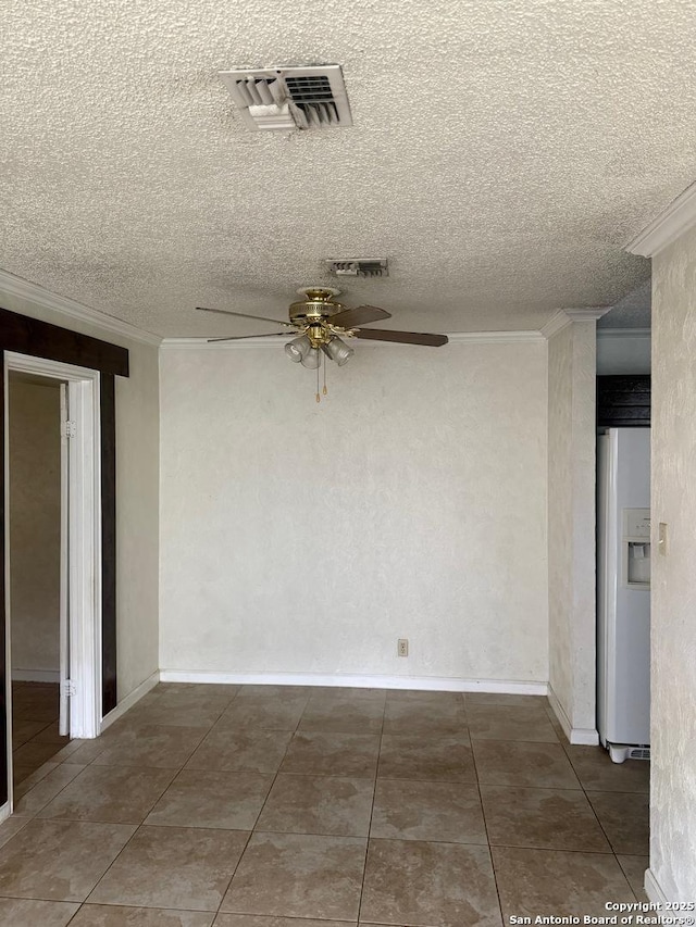1074 Honeytree St, San Antonio, TX 78245 - empty room featuring a textured ceiling, tile patterned floors, a ceiling fan, visible vents, and ornamental molding