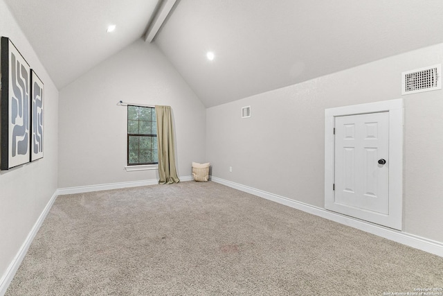 bonus room with carpet flooring, baseboards, visible vents, and vaulted ceiling with beams