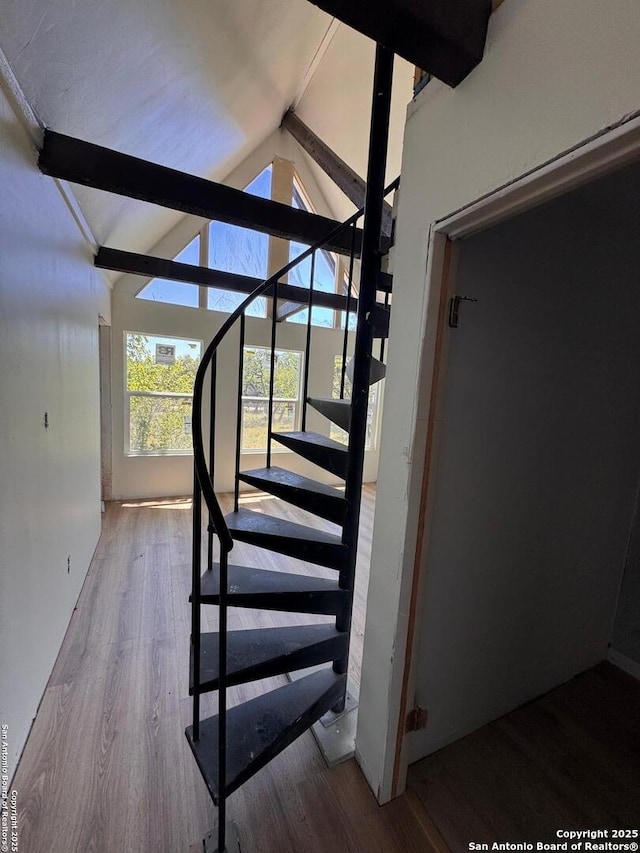 staircase with lofted ceiling with beams and wood finished floors