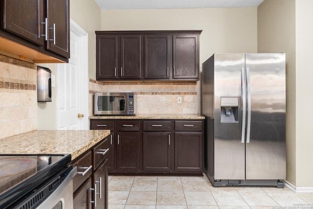 kitchen with decorative backsplash, dark brown cabinetry, and stainless steel appliances