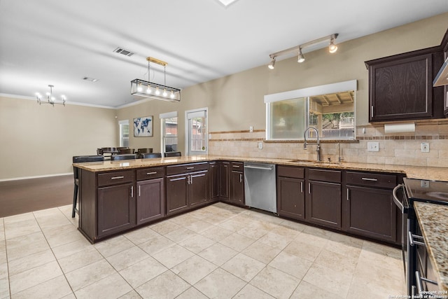 kitchen featuring a sink, visible vents, stainless steel appliances, and dark brown cabinets