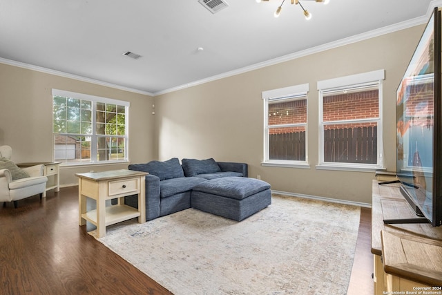 living room featuring baseboards, ornamental molding, dark wood-style floors, and visible vents