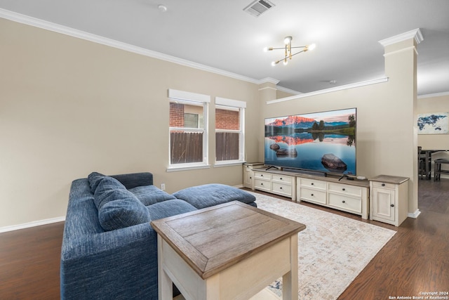 living area featuring baseboards, ornamental molding, dark wood finished floors, and visible vents