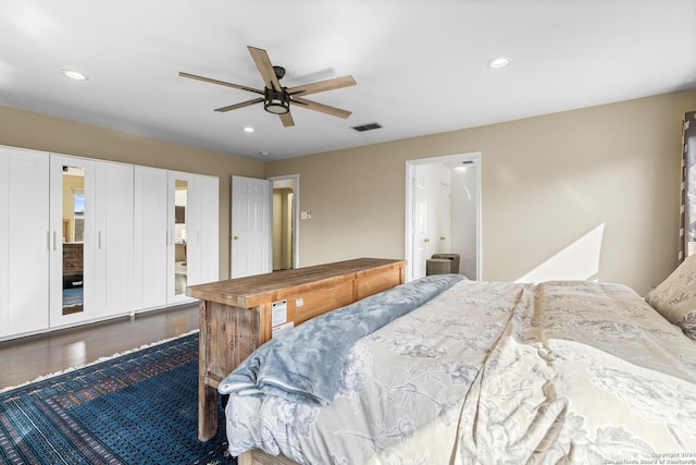bedroom with visible vents, wood finished floors, ceiling fan, recessed lighting, and connected bathroom