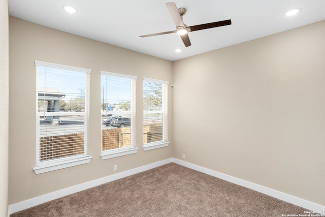 unfurnished room with baseboards, carpet, a ceiling fan, and recessed lighting