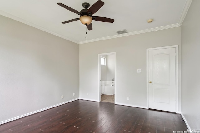 unfurnished room featuring visible vents, ornamental molding, baseboards, dark wood-type flooring, and a ceiling fan