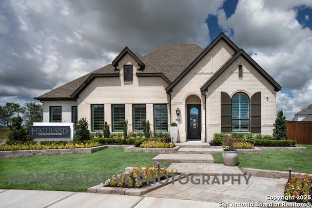 french country inspired facade featuring brick siding, a shingled roof, a front lawn, and fence