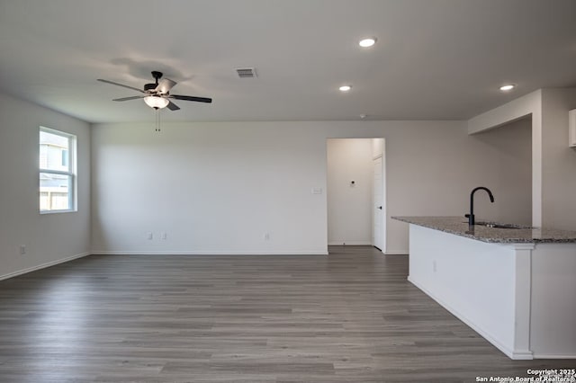 interior space featuring visible vents, a sink, ceiling fan, and wood finished floors