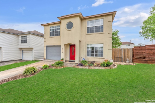 view of front of home featuring stucco siding, fence, a front yard, and concrete driveway