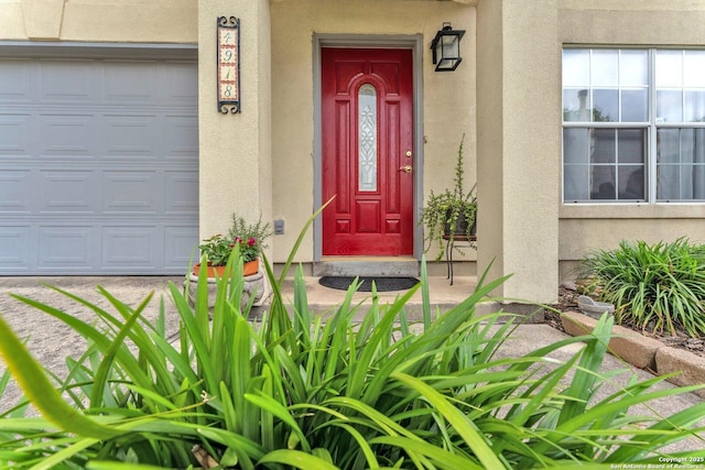doorway to property with stucco siding and an attached garage