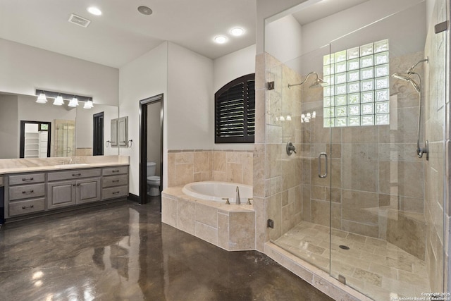 bathroom featuring visible vents, finished concrete flooring, toilet, a bath, and a shower stall
